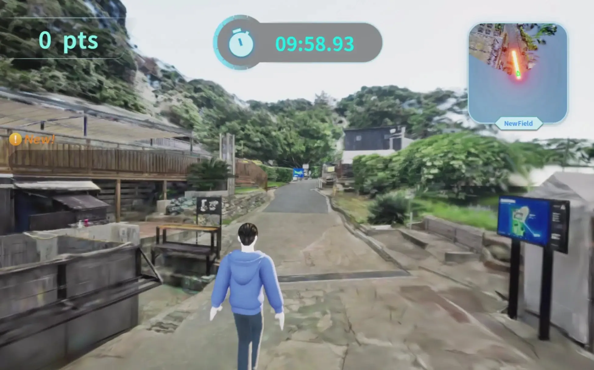 TRANCITY ARCADE の画面。3DGSで再現した海沿いの街並みをアバターが歩き、画面上部に残り時間とポイントが表示されている